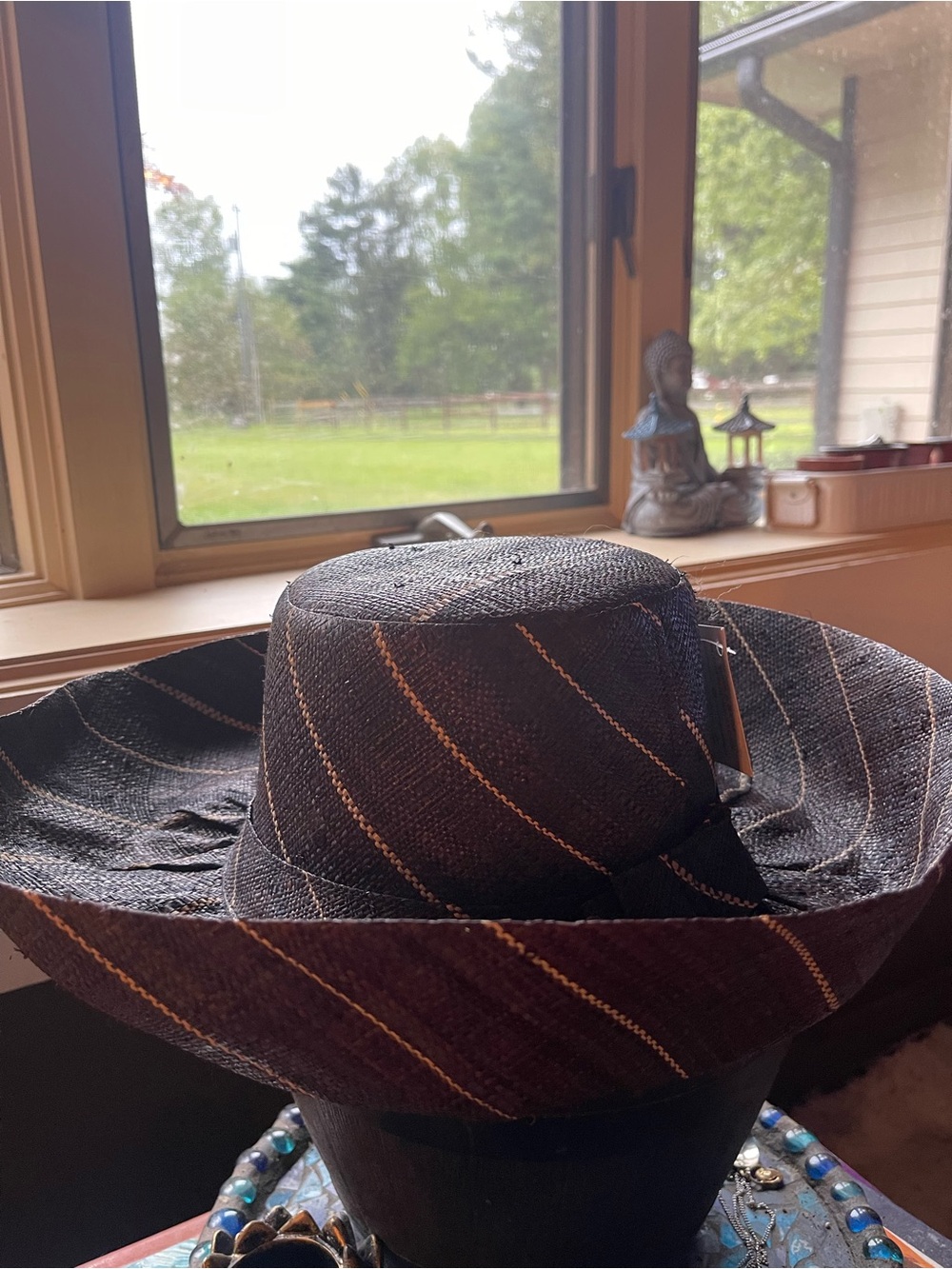 Women's Black Straw Fedora with Tan Pinstripe Detail